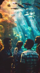 Wall Mural - People look at fish in a large aquarium tank