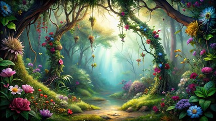 Wall Mural - Enchanted woodland with vibrant flowers, twisting vines, and mystical creatures, fantasy, landscape, enchanted