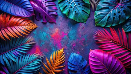 Wall Mural - Colorful collage of neon tropical leaves on textured background, neon, tropical, leaves, collage, colorful, wallpaper