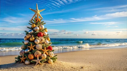 Christmas tree decorated with seashells and starfish standing on a sandy beach with ocean in the background, beach