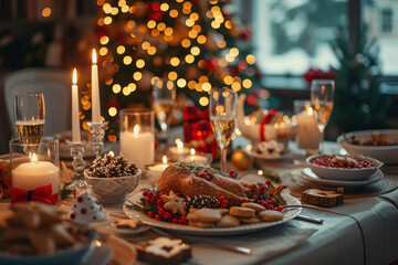 Poster - Festive Christmas dinner table set elegantly with candles, a roast, and twinkling tree lights in the background.