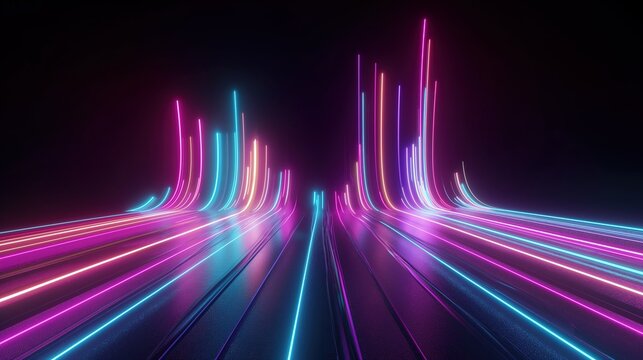 abstract city with neon glowing lines on dark background