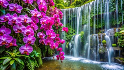 Canvas Print - Aerial view of stunning orchid waterfall cascade with vibrant flowers, orchids, waterfall, cascade, aerial view, flowers
