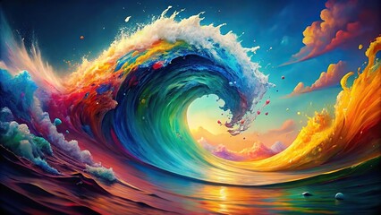 Wall Mural - Colorful painting of a wave with splatters of paint, ocean, abstract, artistic, vibrant, water, blue, art, design, texture