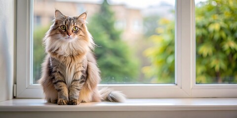 Wall Mural - Adorable of a fluffy cat sitting on a windowsill , Cute, feline, pet, domestic, whiskers, fur, animal, kitten, sweet, playful