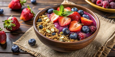 Wall Mural - A delicious cafe-style acai bowl topped with a variety of berries and crunchy granola , Smoothie bowl, acai bowl, berries