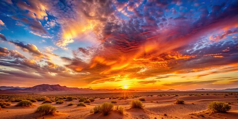 Wall Mural - Vibrant sunset over the desert landscape, sunset, desert, vibrant, sky, clouds, colors, nature, remote, scenic, horizon, peaceful