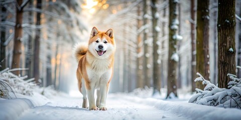 Wall Mural - Akita Inu dog enjoying a walk in the snowy forest during winter, Akita Inu, dog, forest, walk, winter, snow, nature, pet