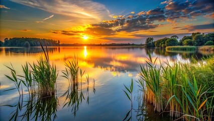 Wall Mural - Sunset reflecting on lake with tall grasses in foreground, sunset, lake, reflection, grasses, nature, tranquil, peaceful