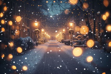 Poster - Enchanted snowy street at night beautifully illuminated by glowing orbs and festive lights during the holiday season.