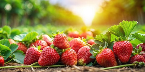 Wall Mural - Fresh and delicious red strawberries in a strawberry field harvest, strawberries, red, fresh, delicious, field, farm, harvest