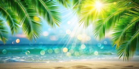 Canvas Print - Blurry green palm leaves on tropical beach with sun bokeh lights, nature, tropical, beach, palm leaves, green, sun