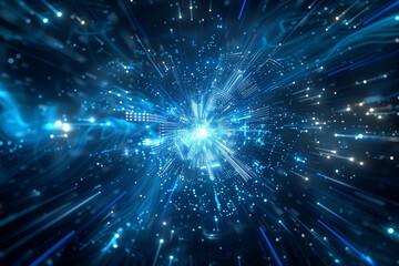 Wall Mural - stunning visual of a blue digital vortex with light rays and particle effects, illustrating a dynami