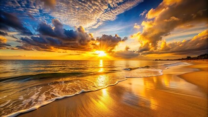 Wall Mural - Golden sunset casting warm hues over a tranquil beach scene , beach, sunset, golden, ocean, waves, sand, peaceful, nature, beauty
