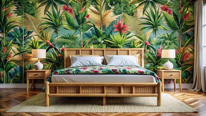 Wall Mural - Tropical-themed bedroom with a bamboo bed frame adorned with vibrant floral prints and tropical plants