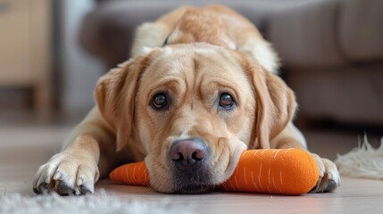 Wall Mural - A dog is laying on the floor with a carrot toy in its mouth