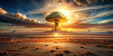 Desolate landscape after nuclear explosion, apocalypse, end of the world, nuclear disaster