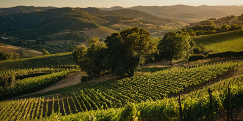 Rolling vineyards in the countryside at sunset	