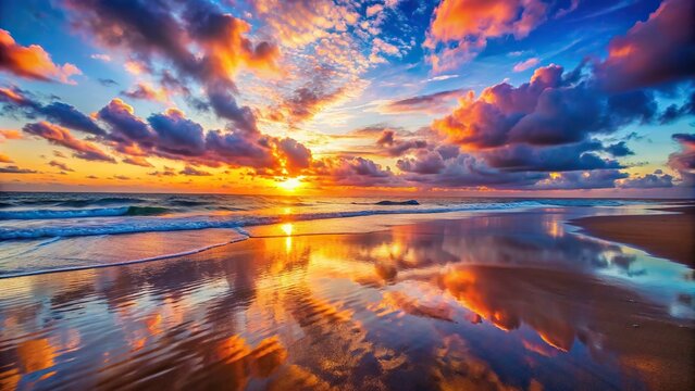 Beautiful beach sunrise with vibrant colors reflected on the water, beach, sunrise, morning, sun, sky, reflection, ocean