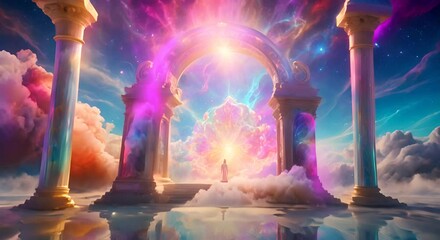 Poster - Fantasy cosmic landscape with portal, clouds and energy of different colors