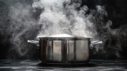 Wall Mural - Stainless Steel Pot Steaming on Black Background