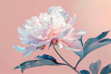 Wall Mural - Delicate White Peony Blossom with Leaves on Soft Pink Background, Elegant Floral Artwork for Beauty and Home Decor