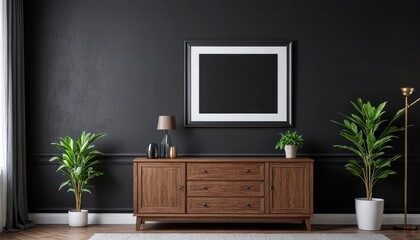 Wall art mockups. Frames for art on a black wall. Gallery in dark colors. 