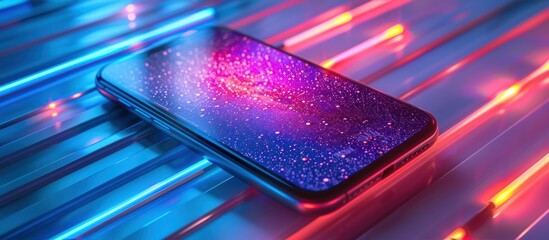 Sticker - Smartphone With Galaxy Wallpaper on Neon-Lit Surface