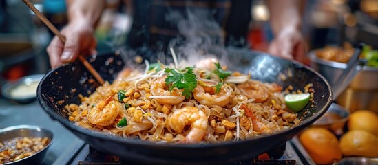 A Wok of Delicious Pad Thai with Shrimp