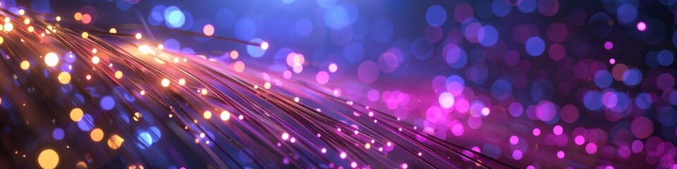 Wall Mural - An abstract technology background of purple fiber optic internet cable with purple glowing lights. 