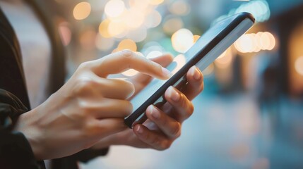 Wall Mural - A woman is using her cell phone, pointing at something on the screen