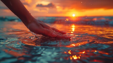 Wall Mural - Hand Touching Water at Sunset