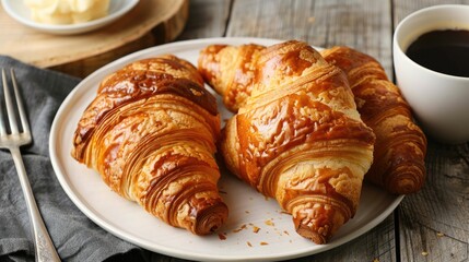 Wall Mural - Croissants next to coffee and utensil