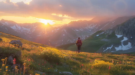 Man hiking in mountains with sunset in the background with copy space text for adventure, nature, and travel.