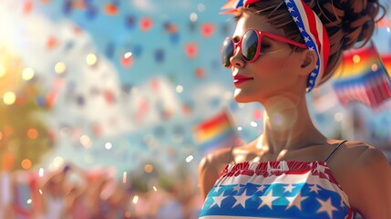 A 3D woman wearing a patriotic dress made from American flag patterns, accessorized with a DIY headband featuring tiny flags