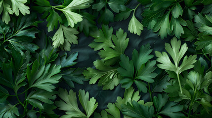 Fresh green vitamin parsley leaves. Herbs and spices. Top view flat lay