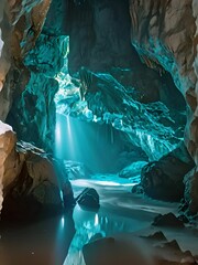 Wall Mural - a light shines through a cave filled with water