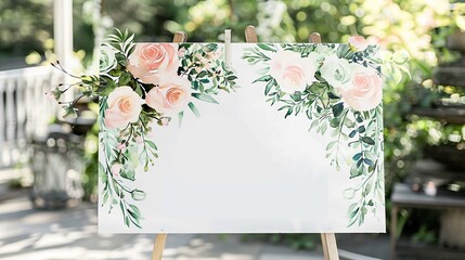 Wall Mural - Romantic Watercolor Floral Wedding Welcome Sign with Elegant Script in Subtle Pastel Hues for Inviting Entrance - Minimalist Style