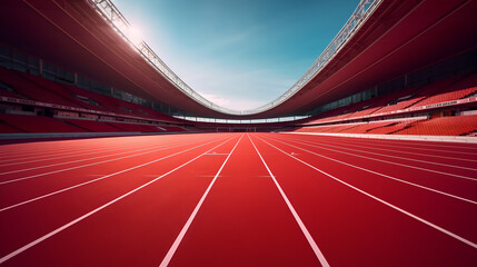 Wide-angle view of an empty running track inside a large stadium, bathed in soft sunlight under a partly cloudy sky. Concept of sports, athletics, and competition.

