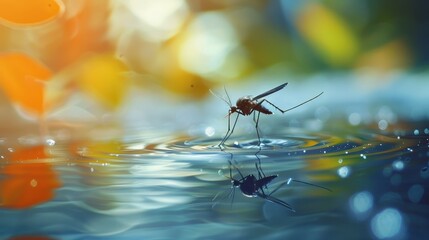 A mosquito landing on still water with its reflection visible