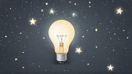 Light bulb with glowing filament on a dark blue background with stars with copy space text for ideas, inspiration, and creativity.