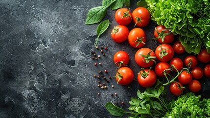 Fresh Tomatoes, Greens, and Spices on a Rustic Background