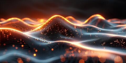 Wall Mural - Abstract Wavy Digital Landscape with Orange Glows