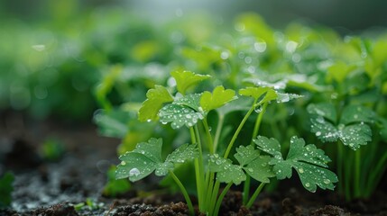 Wall Mural - Close-Up of Dew-Covered Parsley Shoots