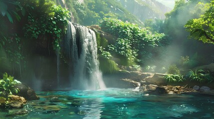 Wall Mural - A crystal-clear waterfall cascading into a turquoise pool, surrounded by tropical greenery and mist rising from the water.
