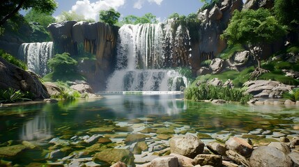 Wall Mural - A detailed shot of a majestic waterfall cascading into a clear, rocky pool, surrounded by lush greenery.