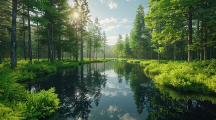 Wall Mural - Sunlit Forest Pond with Reflected Sky