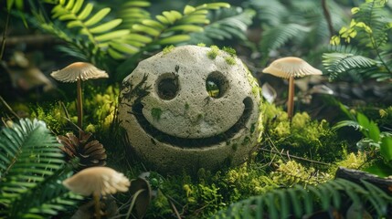 Wall Mural - Smiling Stone in a Lush Forest