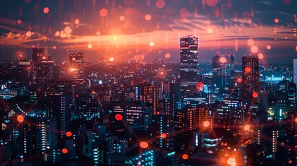 Wall Mural - A breathtaking view of a modern city at dusk with scattered glowing nodes illuminating the urban environment, illustrating the interconnectedness and vibrancy of city life.