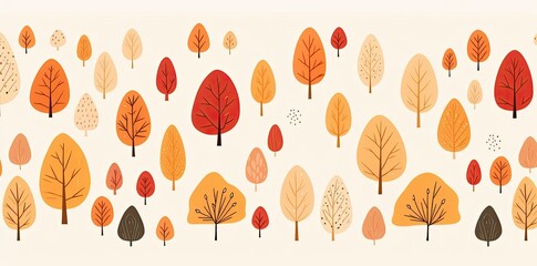 Wall Mural - cute fall backgrounds featuring a variety of trees and flowers, including orange, red, and small trees, set against a white wall